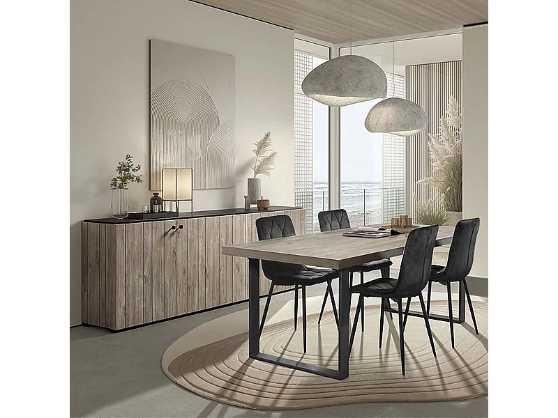 Ensemble séjour buffet + table aspect lames de bois finition Beach et noir - THOMAS