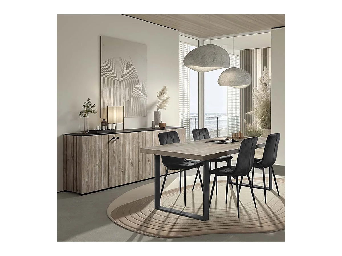 Ensemble séjour buffet + table aspect lames de bois finition Beach et noir - THOMAS