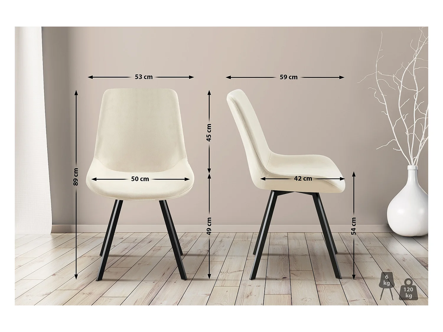 Lot de 2  chaise salle à manger - Velours - Crème - Lewes