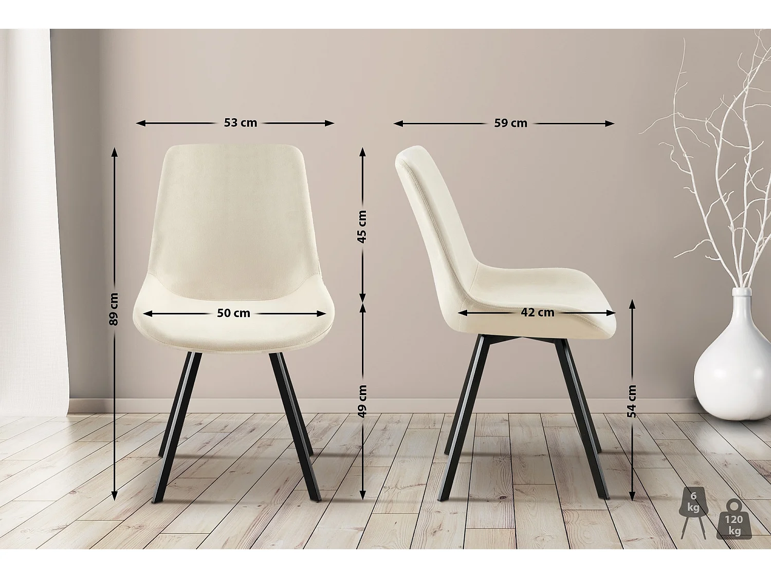 Lot de 2  chaise salle à manger - Velours - Crème - Lewes