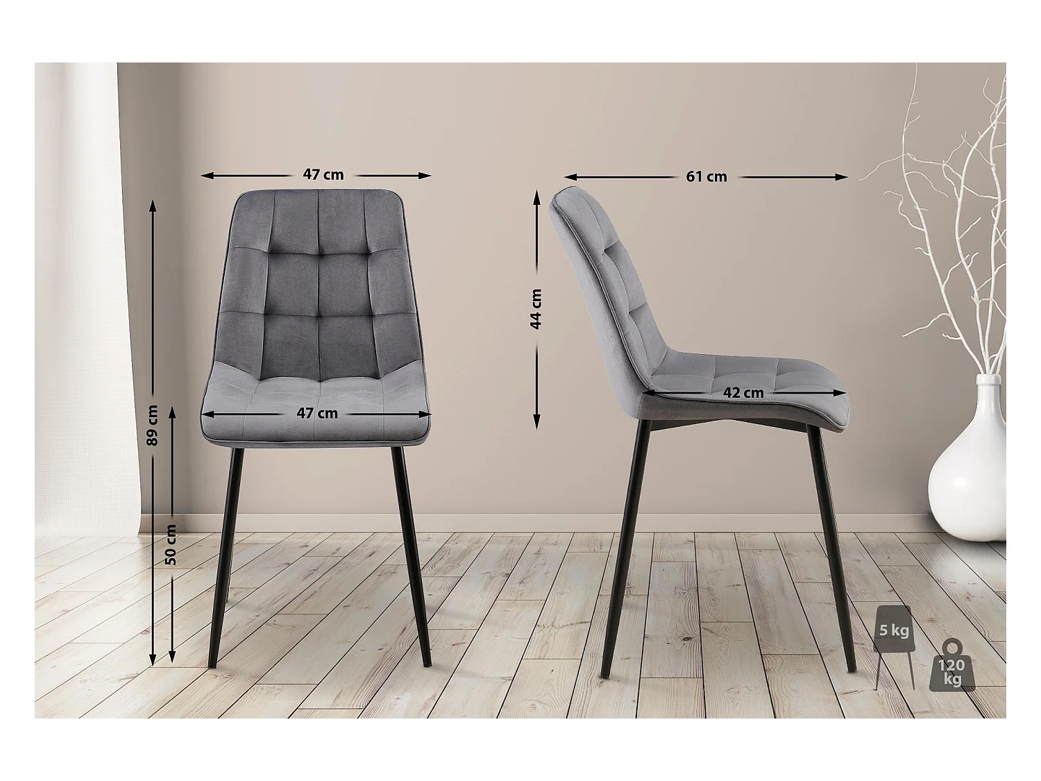 Lot de 2  chaise salle à manger - Velours - Gris foncé - Gifford