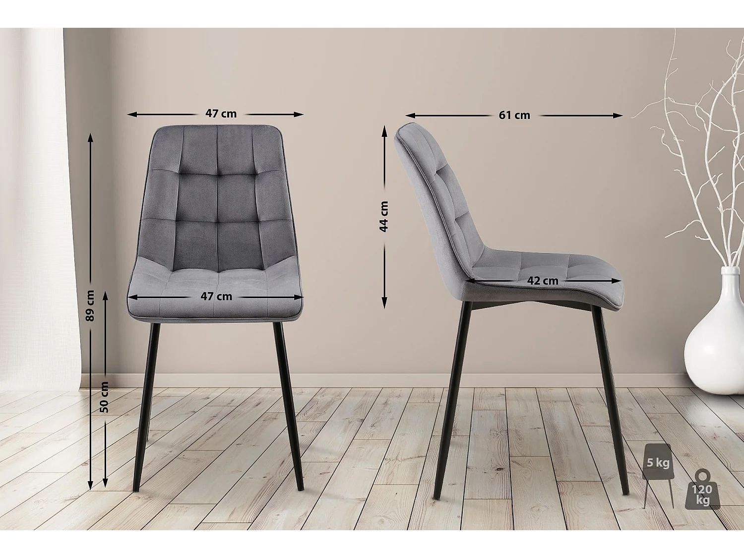 Lot de 2  chaise salle à manger - Velours - Gris foncé - Gifford