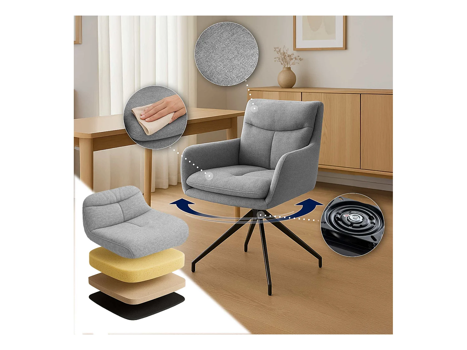 Lot de 2  chaise salle à manger - Tissu - Gris clair - Somers