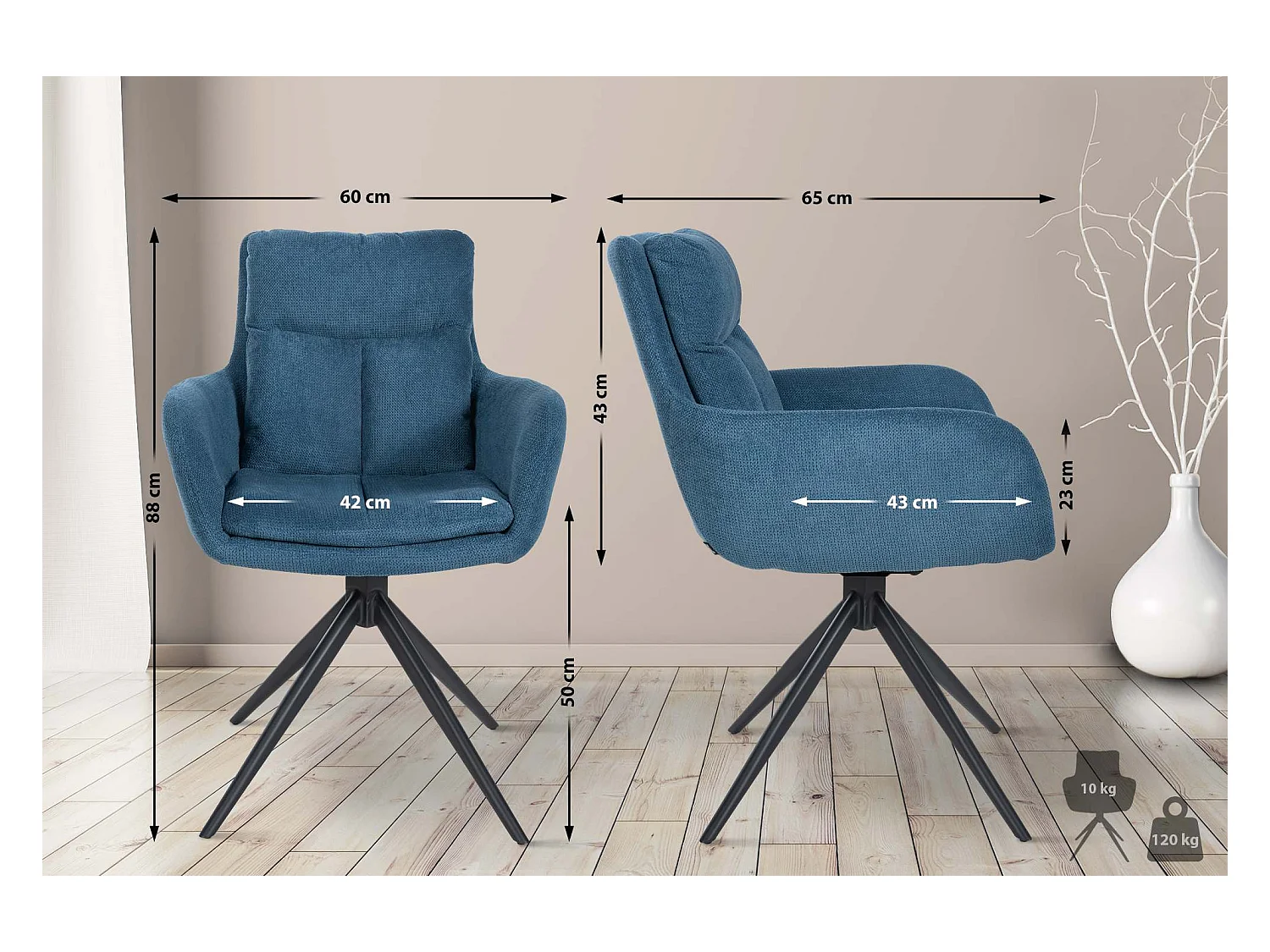 Lot de 2  chaises avec accoudoirs - Tissu - Bleu - Vilas