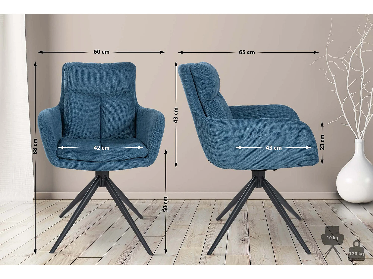 Lot de 2  chaises avec accoudoirs - Tissu - Bleu - Vilas