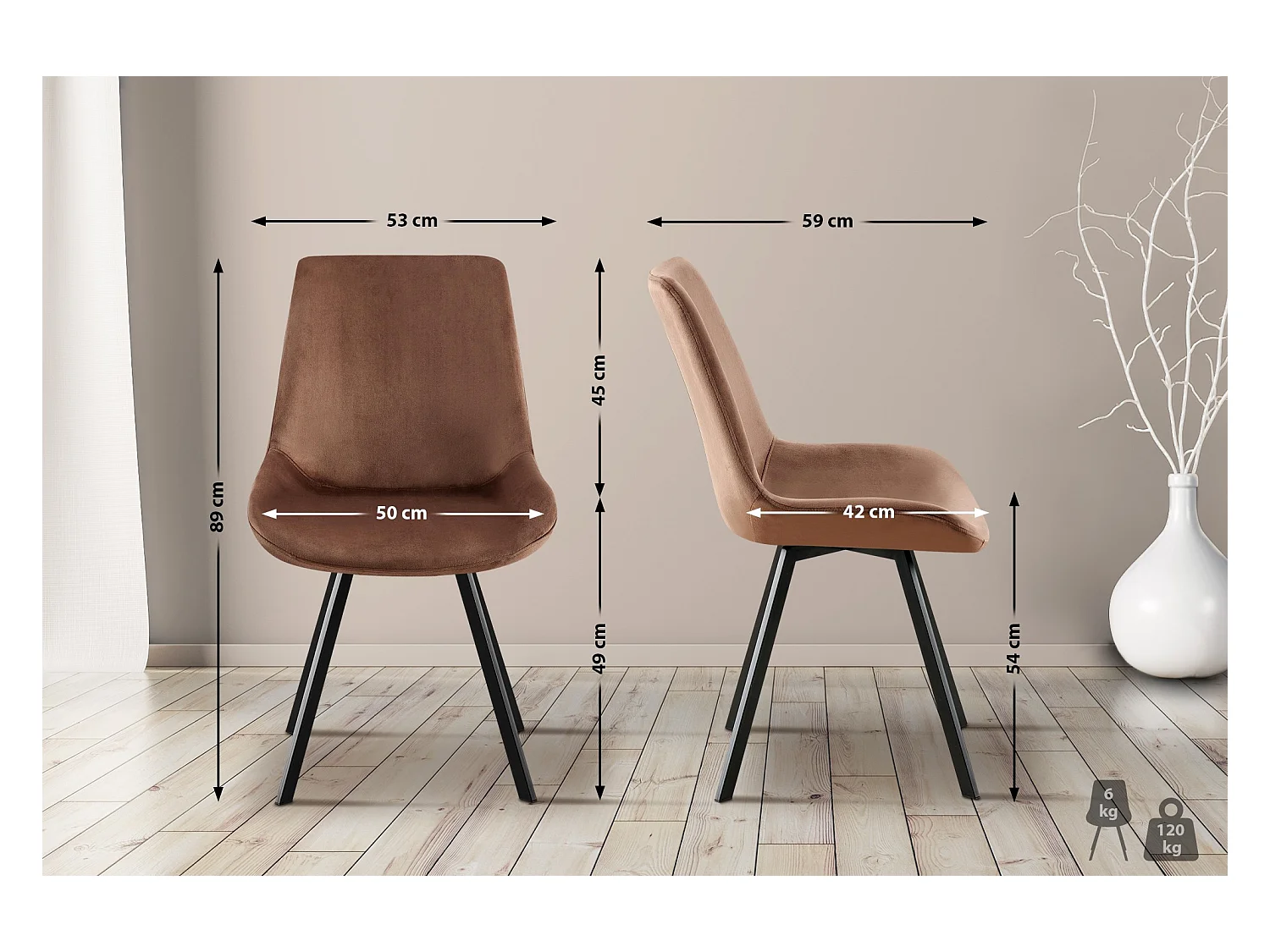 Lot de 2  chaise salle à manger - Velours - Marron - Lewes