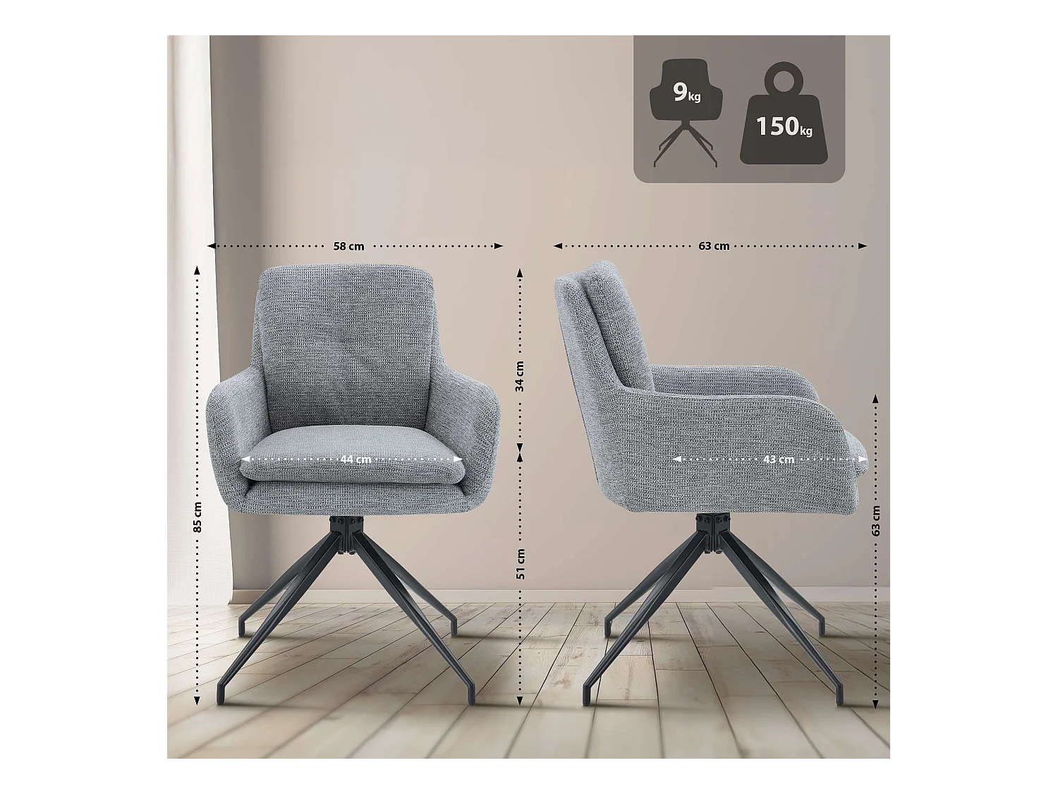 Lot de 2  chaise salle à manger - Tissu - Gris - Pickett