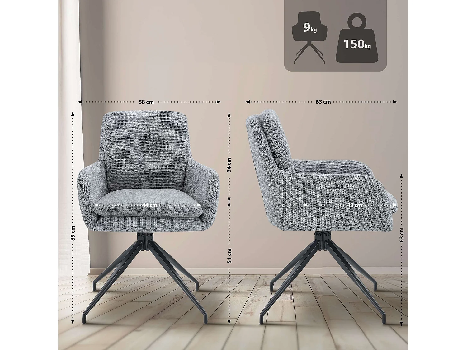 Lot de 2  chaise salle à manger - Tissu - Gris - Pickett