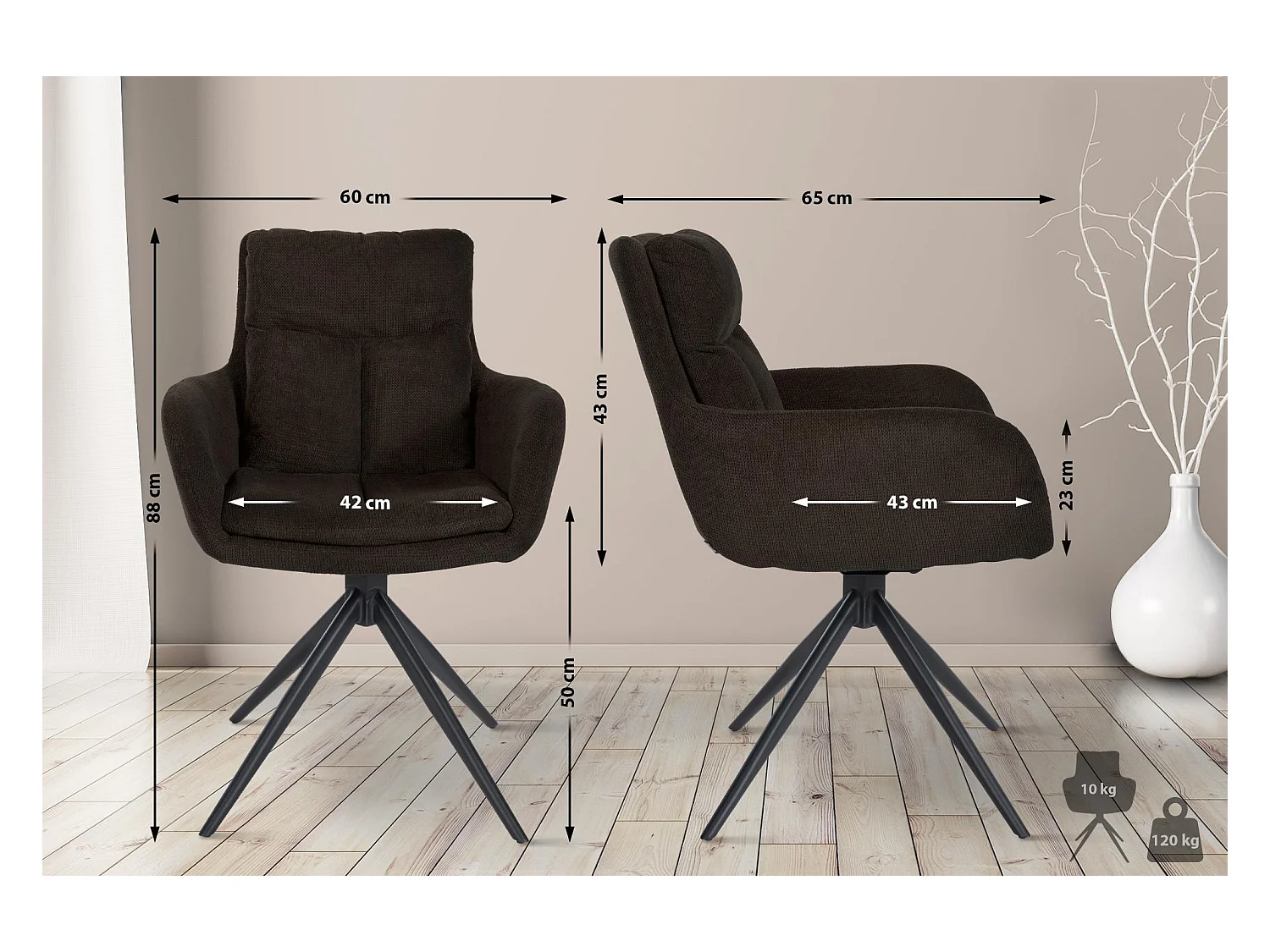 Lot de 2  chaises avec accoudoirs - Tissu - Marron - Vilas