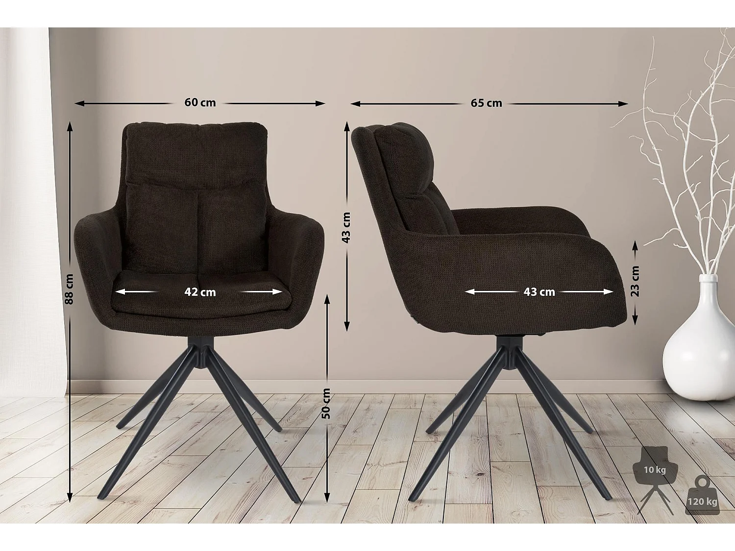 Lot de 2  chaises avec accoudoirs - Tissu - Marron - Vilas