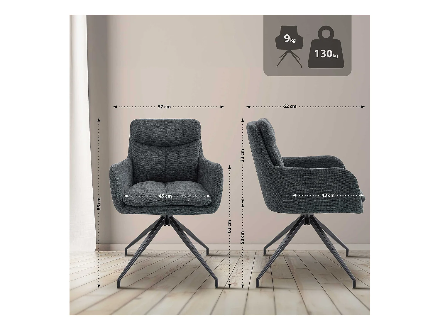 Lot de 2  chaise salle à manger - Tissu - Gris foncé - Somers