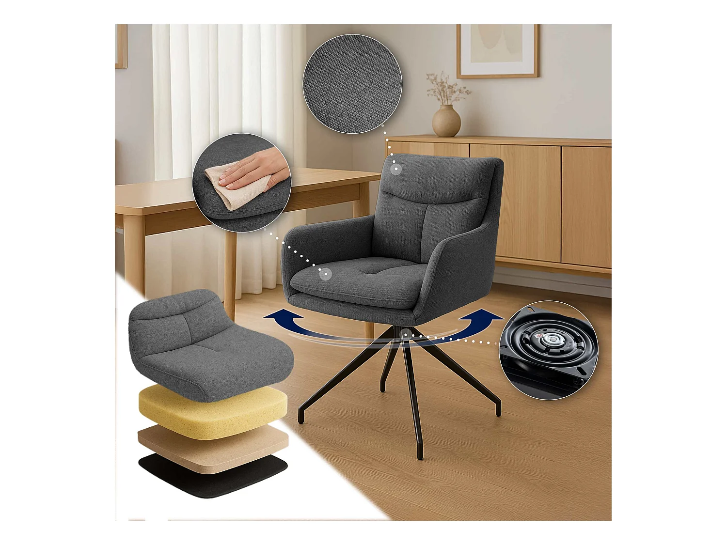 Lot de 2  chaise salle à manger - Tissu - Gris foncé - Somers