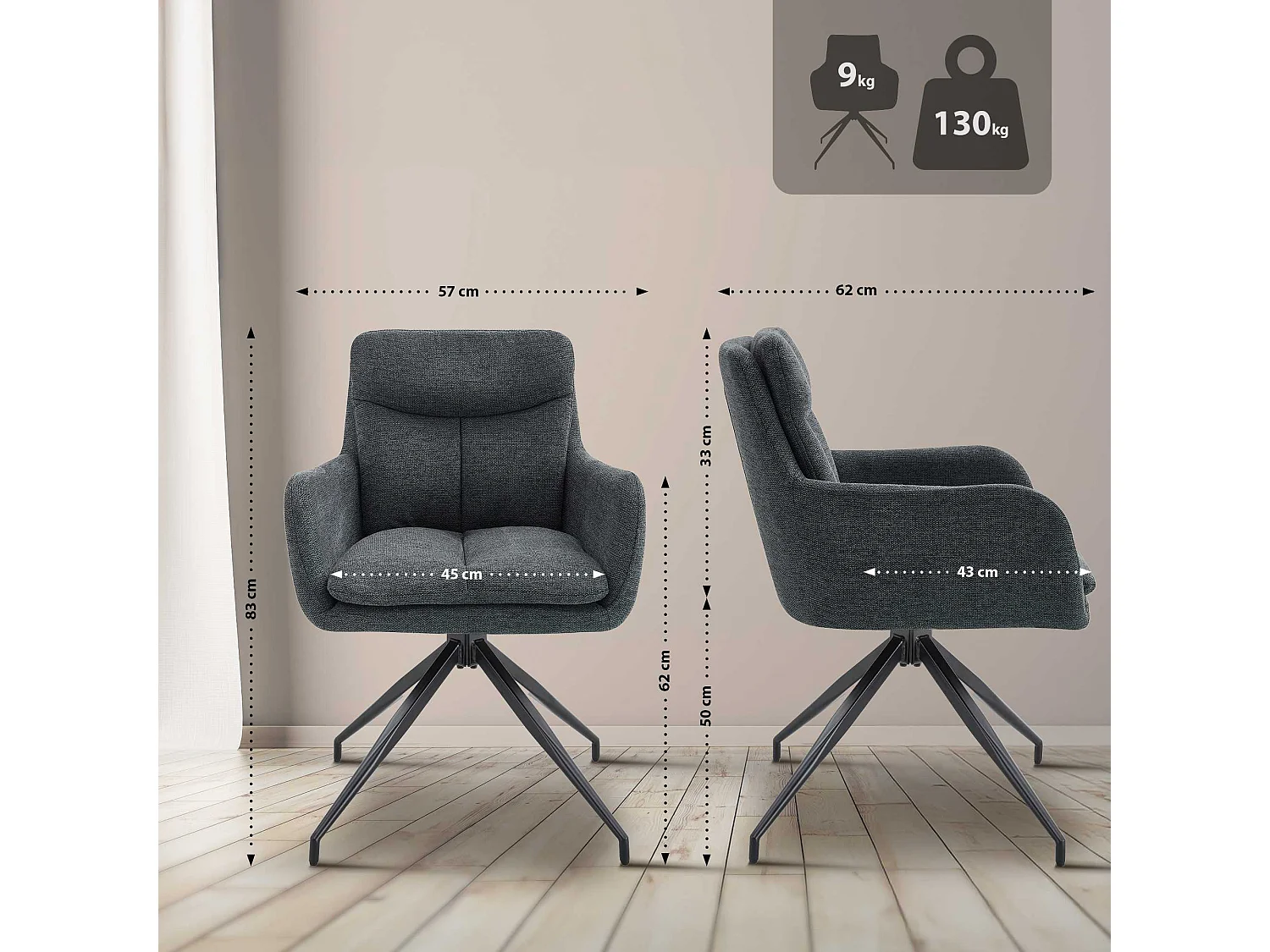 Lot de 2  chaise salle à manger - Tissu - Gris foncé - Somers