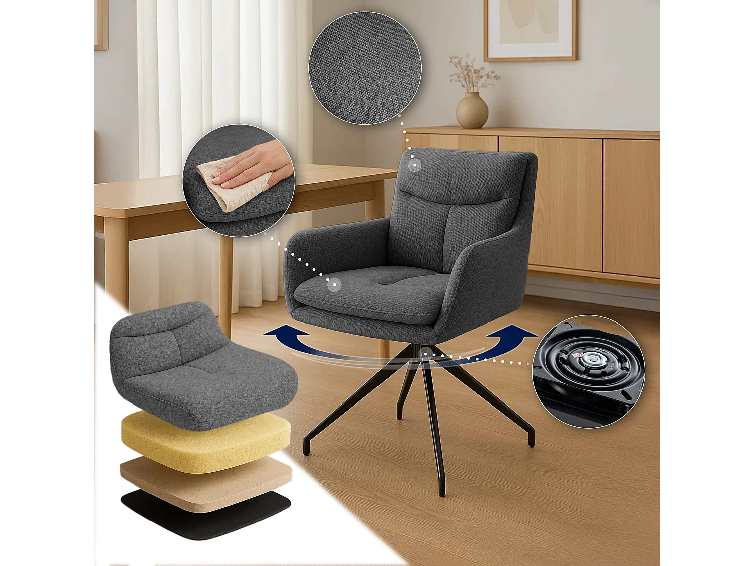 Lot de 2  chaise salle à manger - Tissu - Gris foncé - Somers