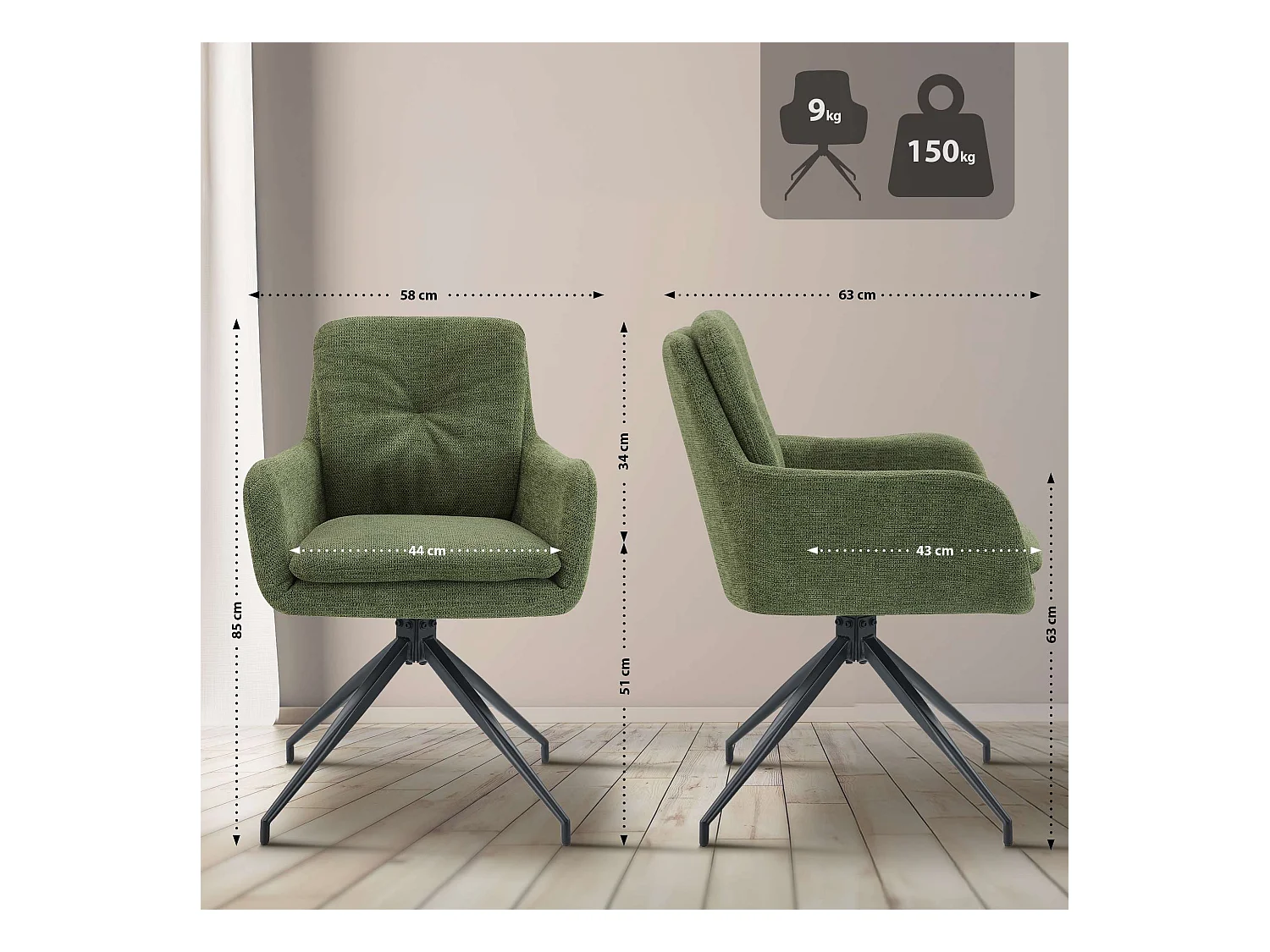 Lot de 2  chaise salle à manger - Tissu - Vert - Pickett