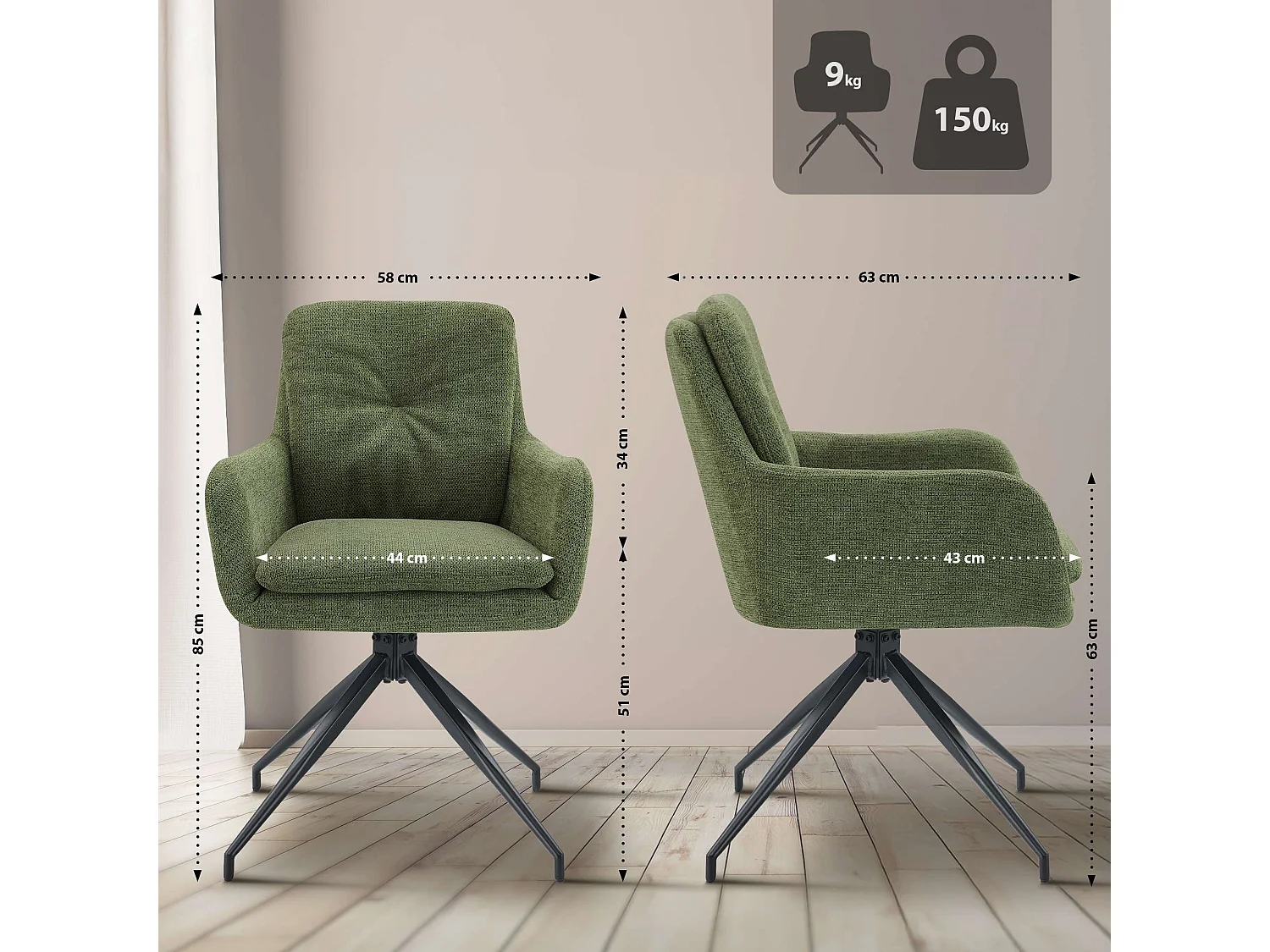 Lot de 2  chaise salle à manger - Tissu - Vert - Pickett
