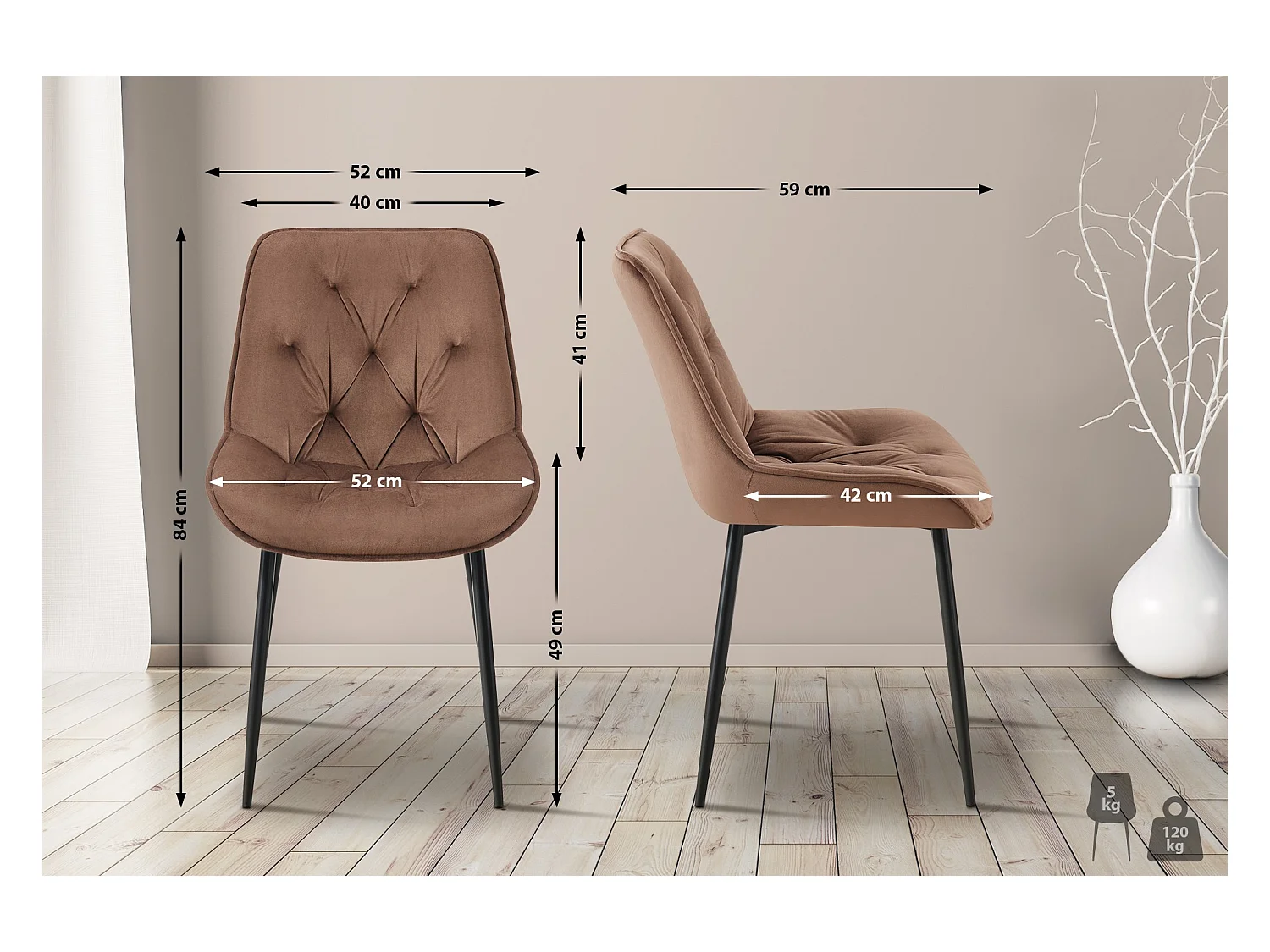 Lot de 2  chaise salle à manger - Velours - Marron - Wallace