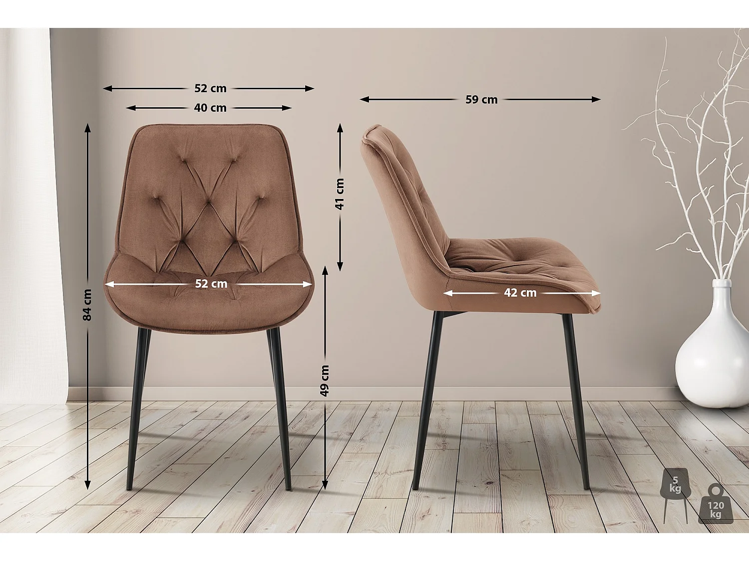 Lot de 2  chaise salle à manger - Velours - Marron - Wallace