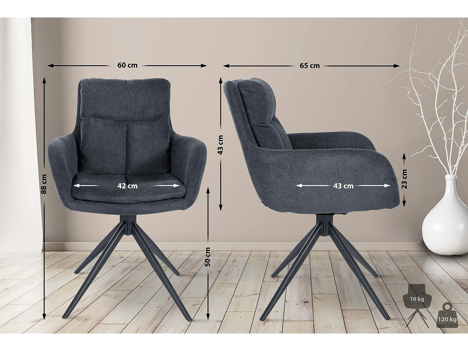 Lot de 2  chaises avec accoudoirs - Tissu - Noir - Vilas