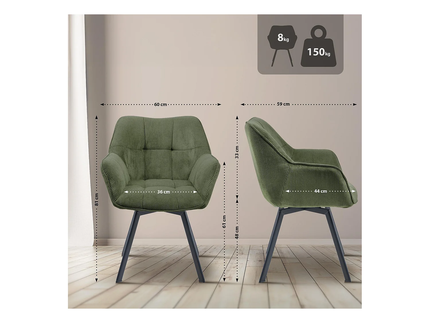 Lot de 2  chaises avec accoudoirs - Cordon - Vert - Jordi