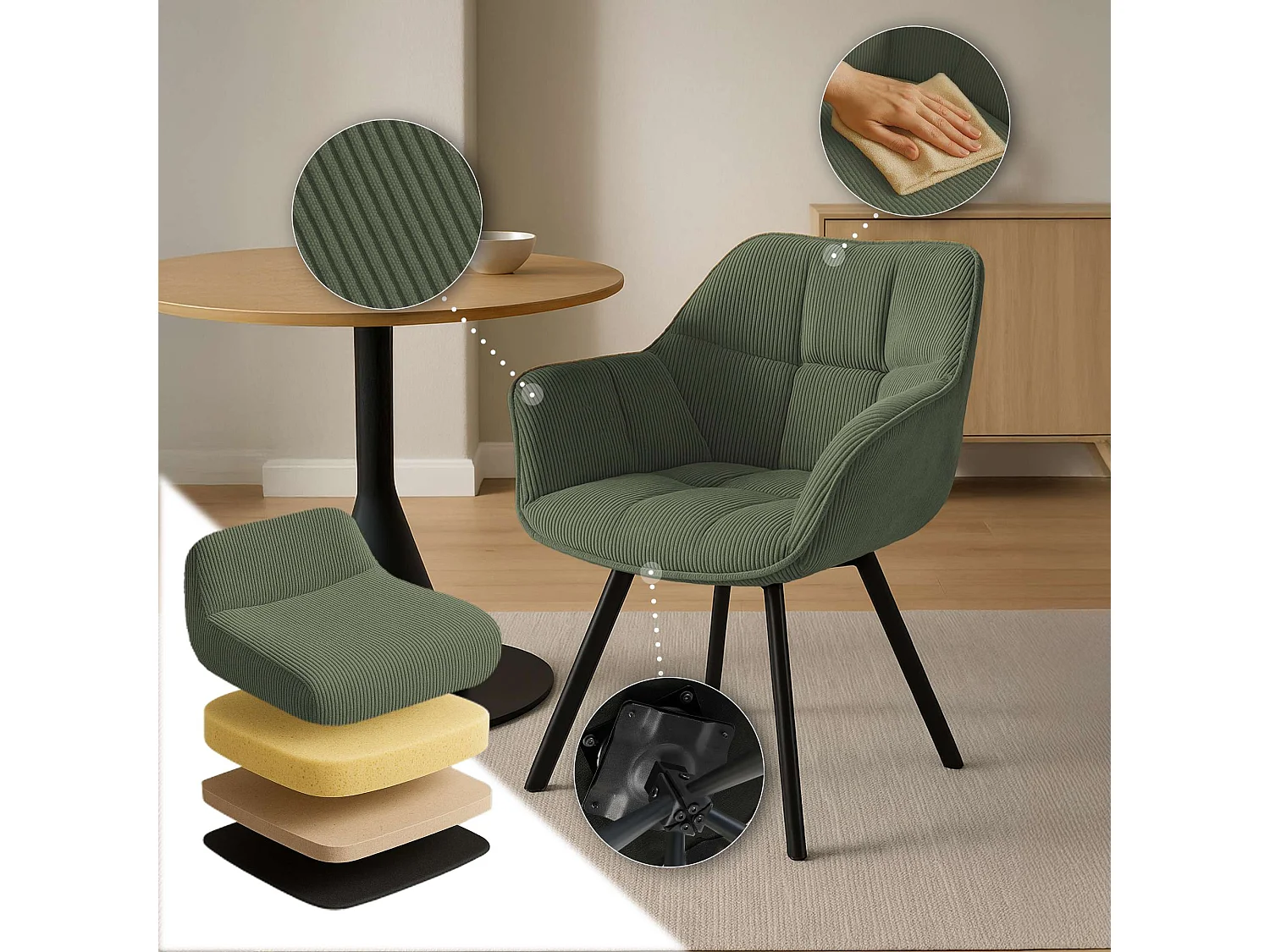 Lot de 2  chaises avec accoudoirs - Cordon - Vert - Jordi