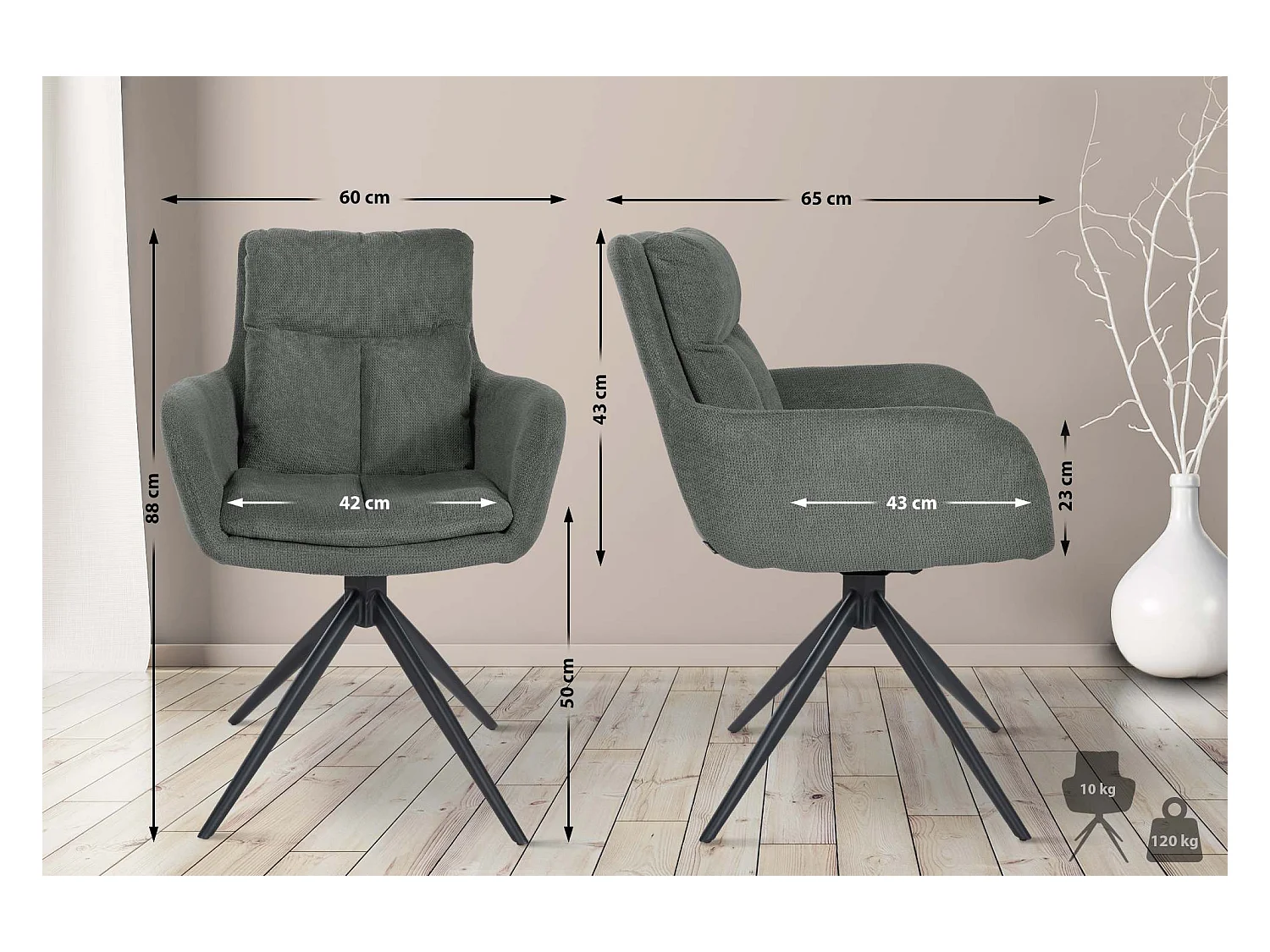 Lot de 2  chaises avec accoudoirs - Tissu - Gris - Vilas