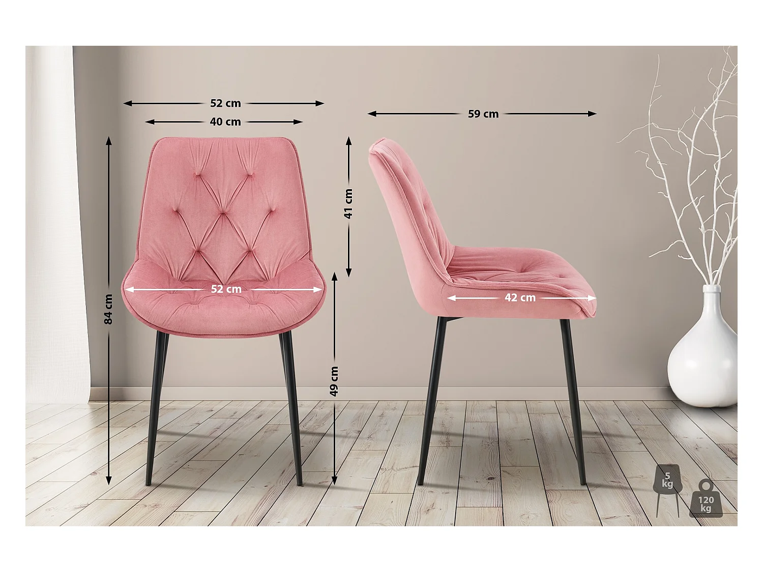 Lot de 2  chaise salle à manger - Velours - Rose - Wallace