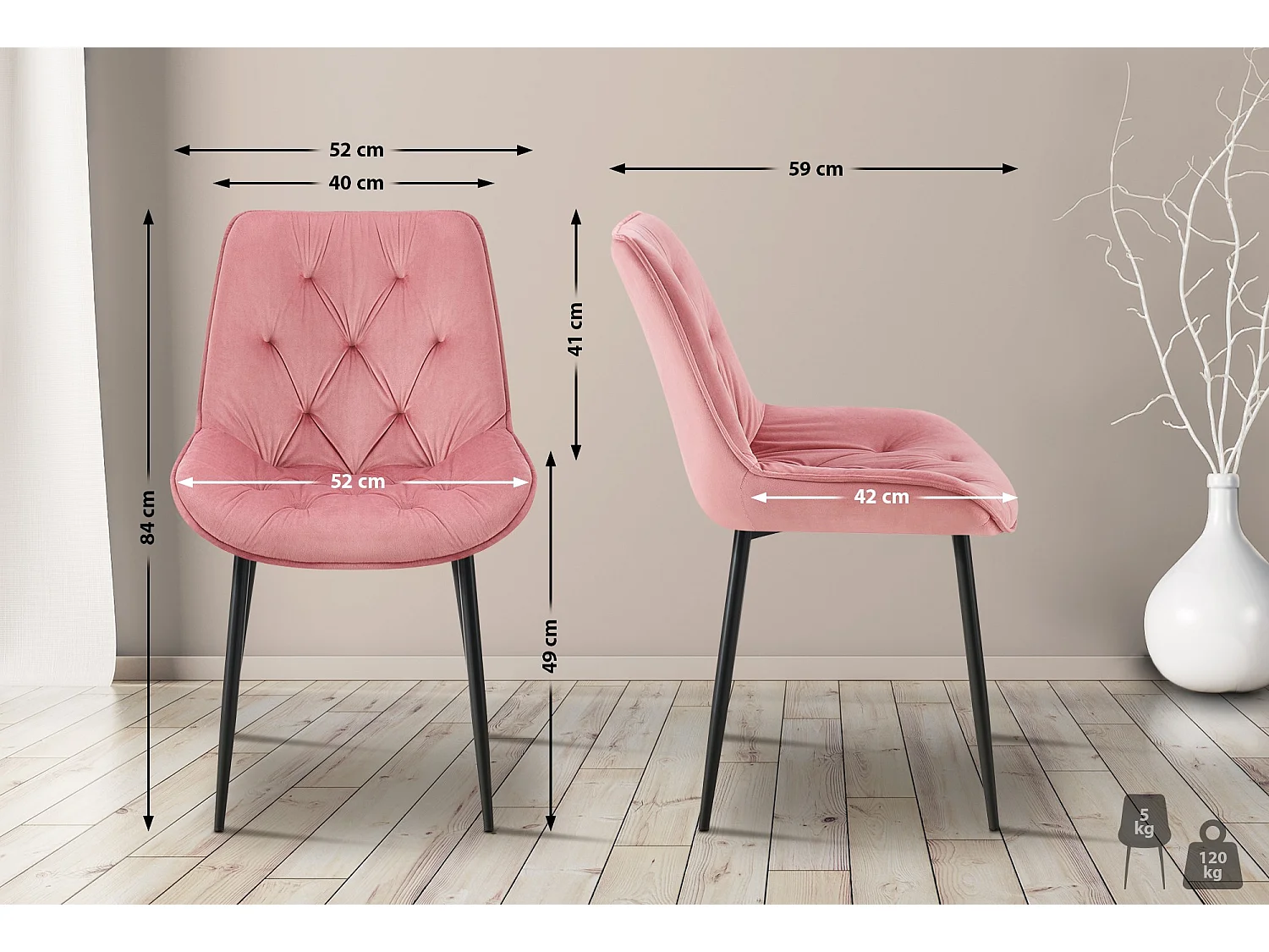 Lot de 2  chaise salle à manger - Velours - Rose - Wallace