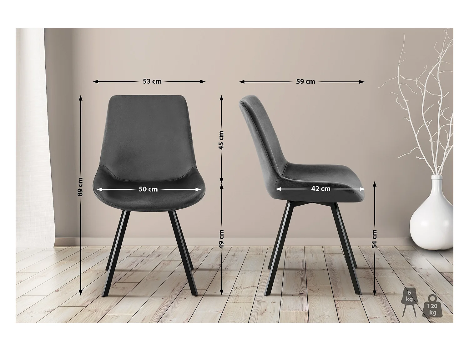 Lot de 2  chaise salle à manger - Velours - Gris foncé - Lewes