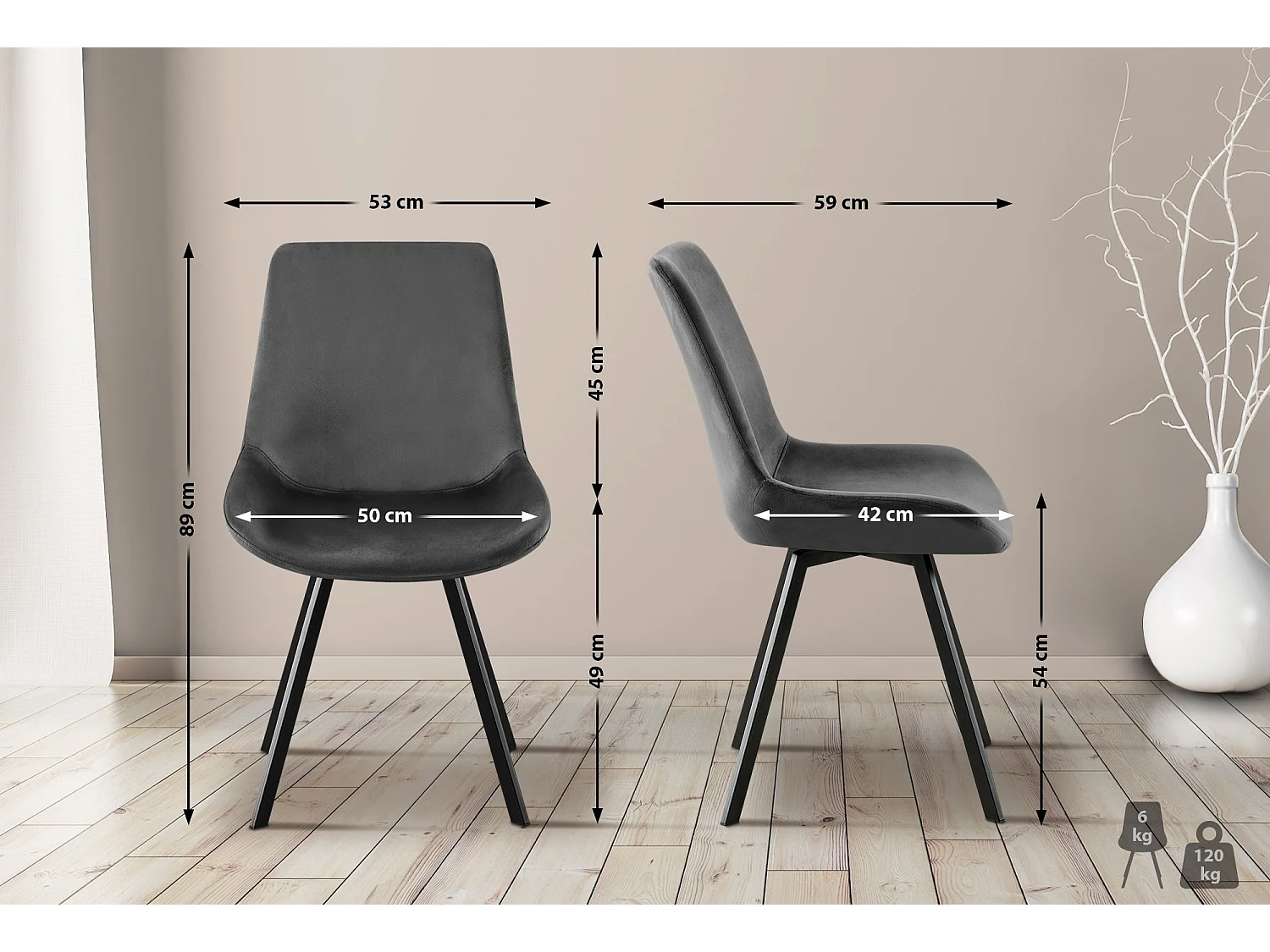 Lot de 2  chaise salle à manger - Velours - Gris foncé - Lewes