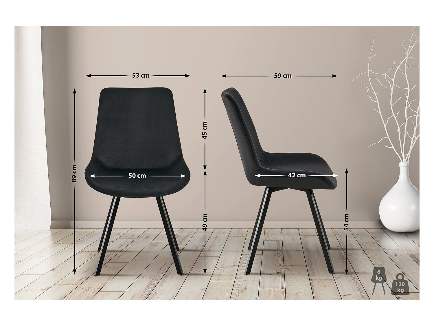 Lot de 2  chaise salle à manger - Velours - Noir - Lewes