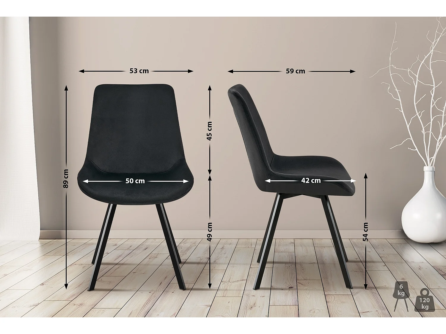 Lot de 2  chaise salle à manger - Velours - Noir - Lewes