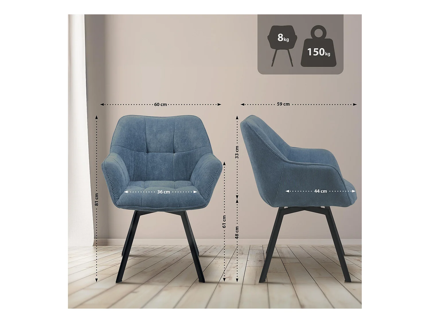 Lot de 2  chaises avec accoudoirs - Cordon - Bleu - Jordi