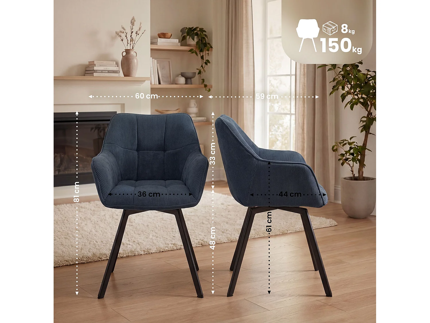 Lot de 2  chaises avec accoudoirs - Velours côtelé - Bleu - Jordi