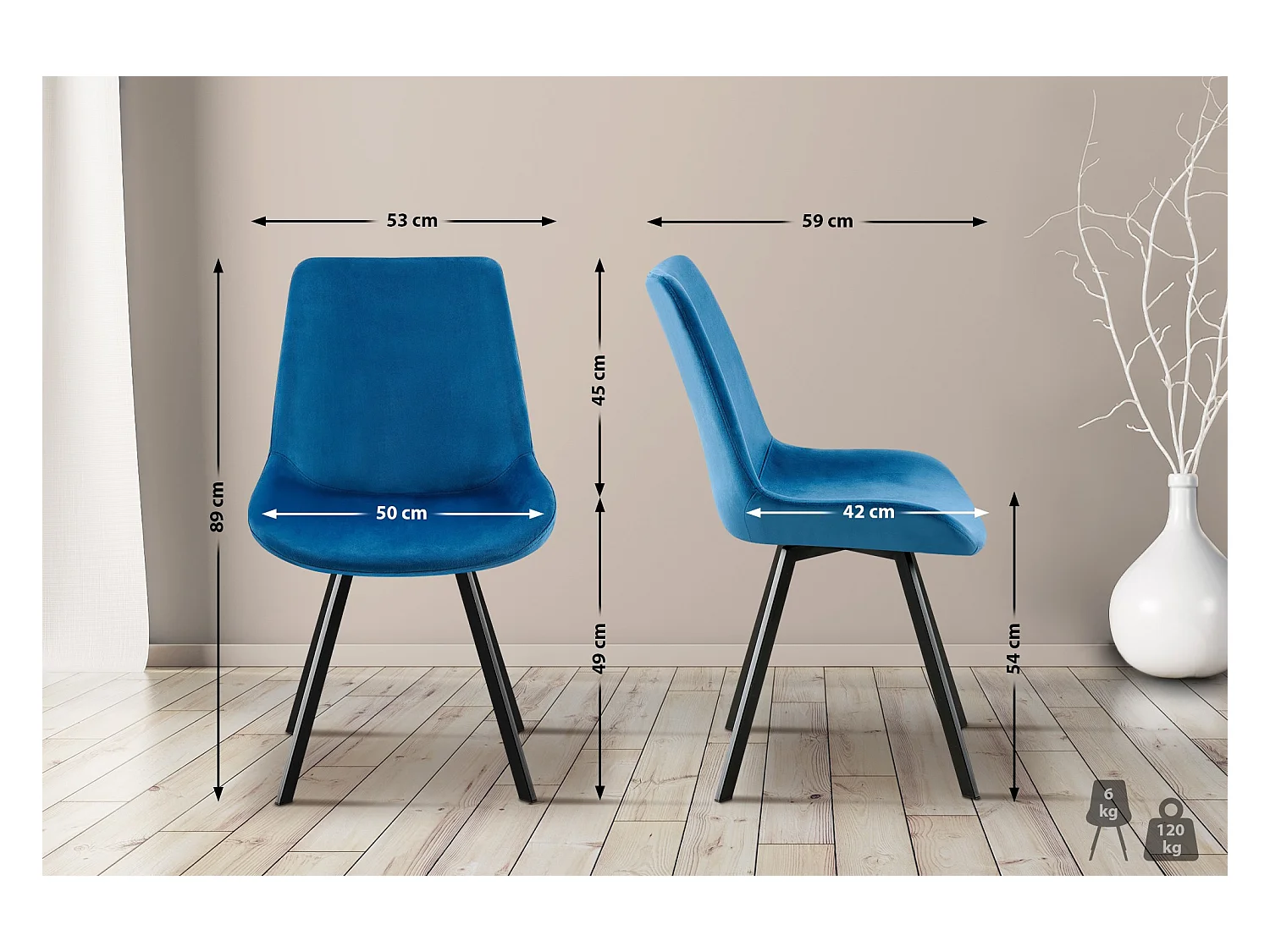 Lot de 2  chaise salle à manger - Velours - Bleu foncé - Lewes