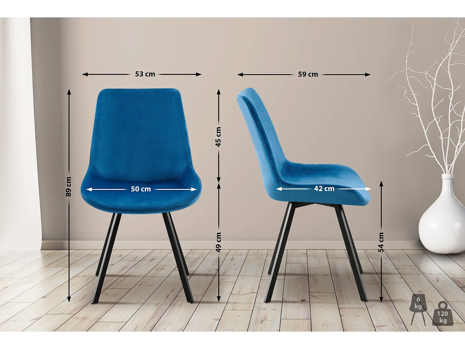 Lot de 2  chaise salle à manger - Velours - Bleu foncé - Lewes