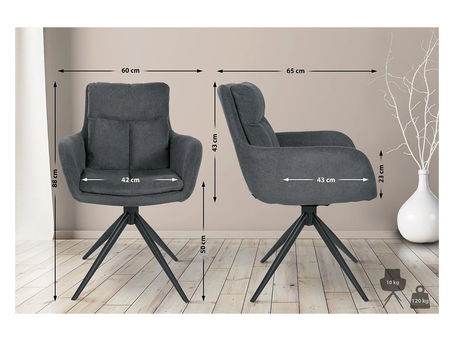 Lot de 2  chaises avec accoudoirs - Tissu - Gris foncé - Vilas