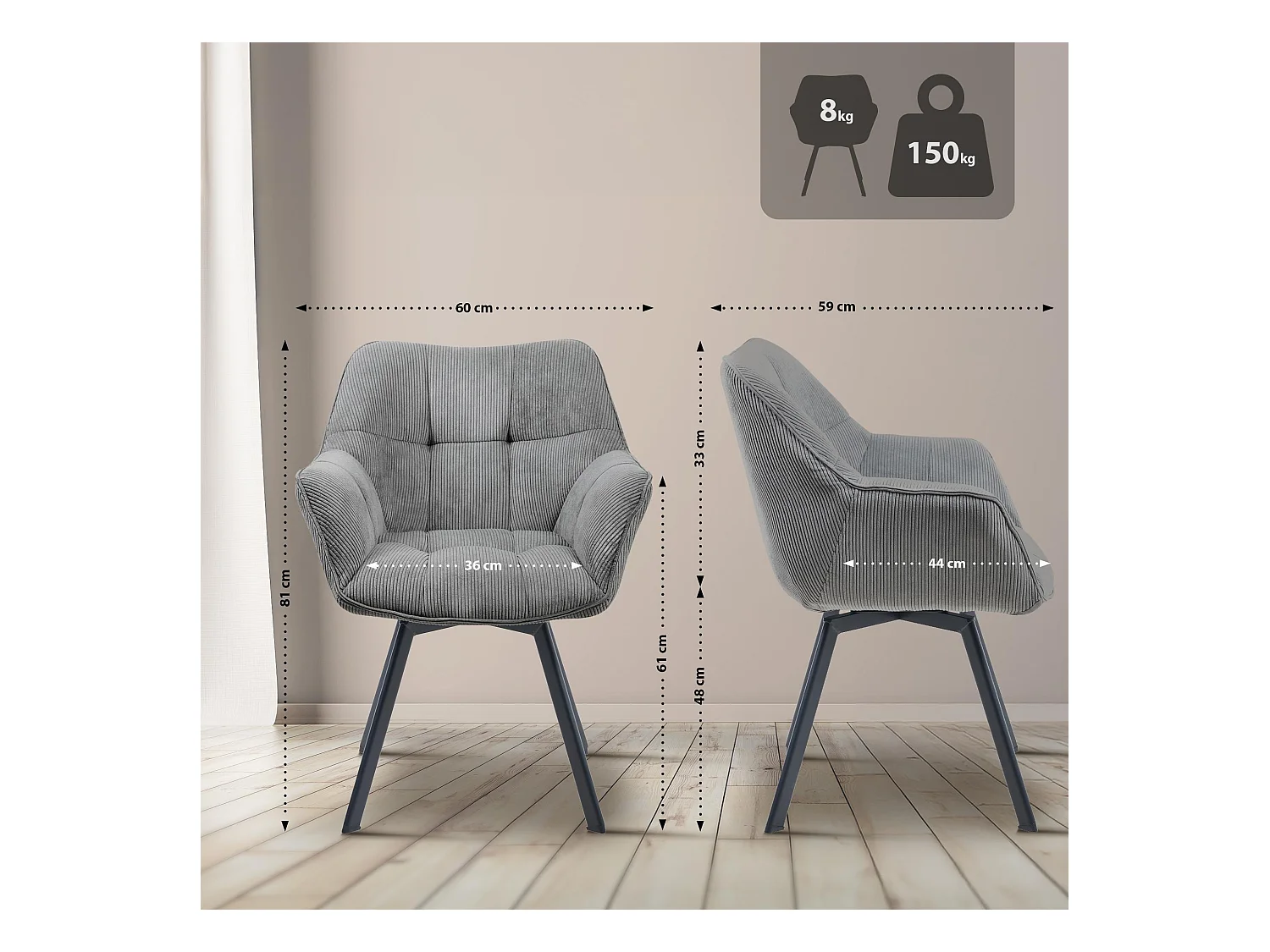 Lot de 2  chaises avec accoudoirs - Cordon - Gris - Jordi