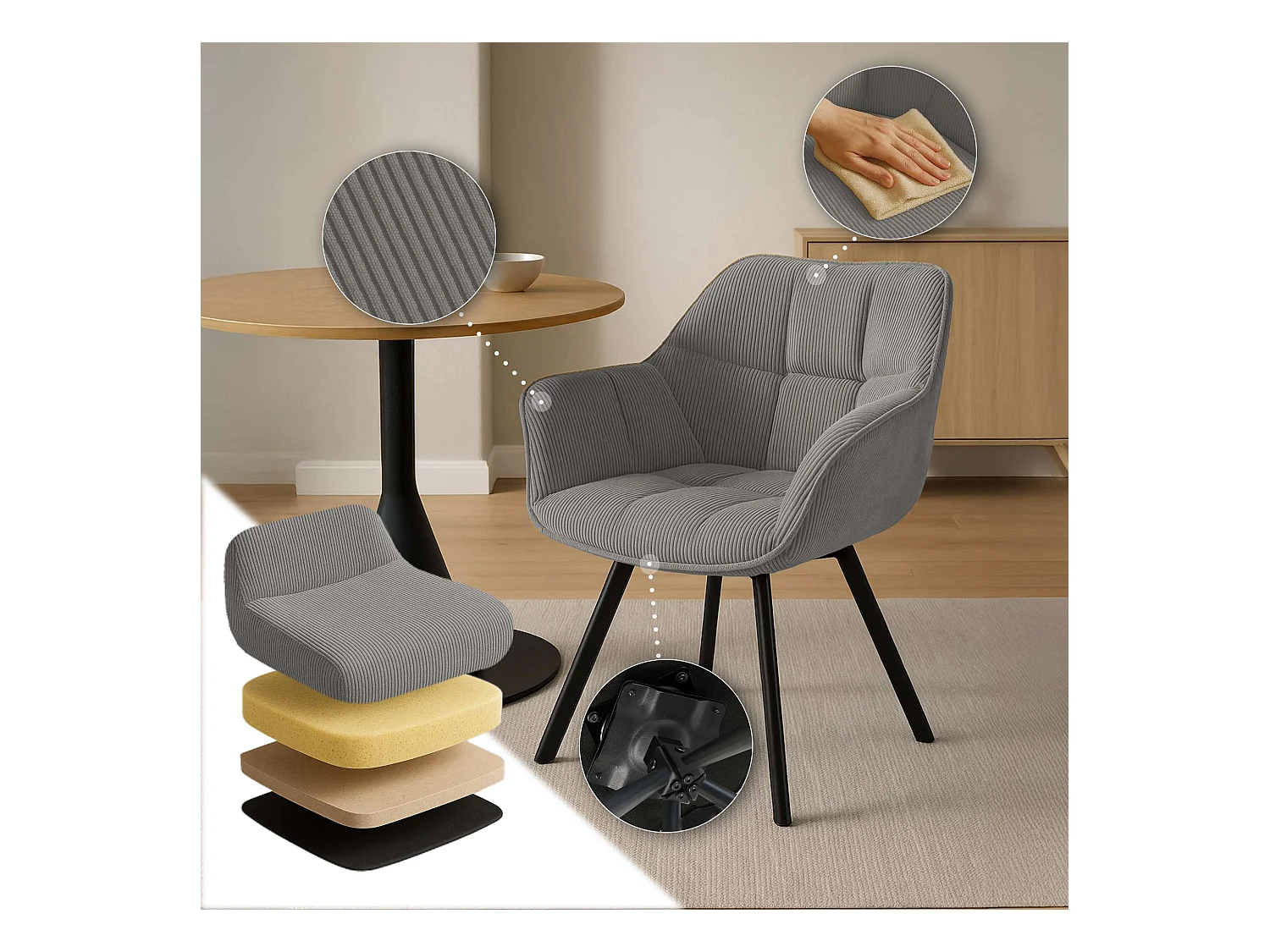 Lot de 2  chaises avec accoudoirs - Cordon - Gris - Jordi