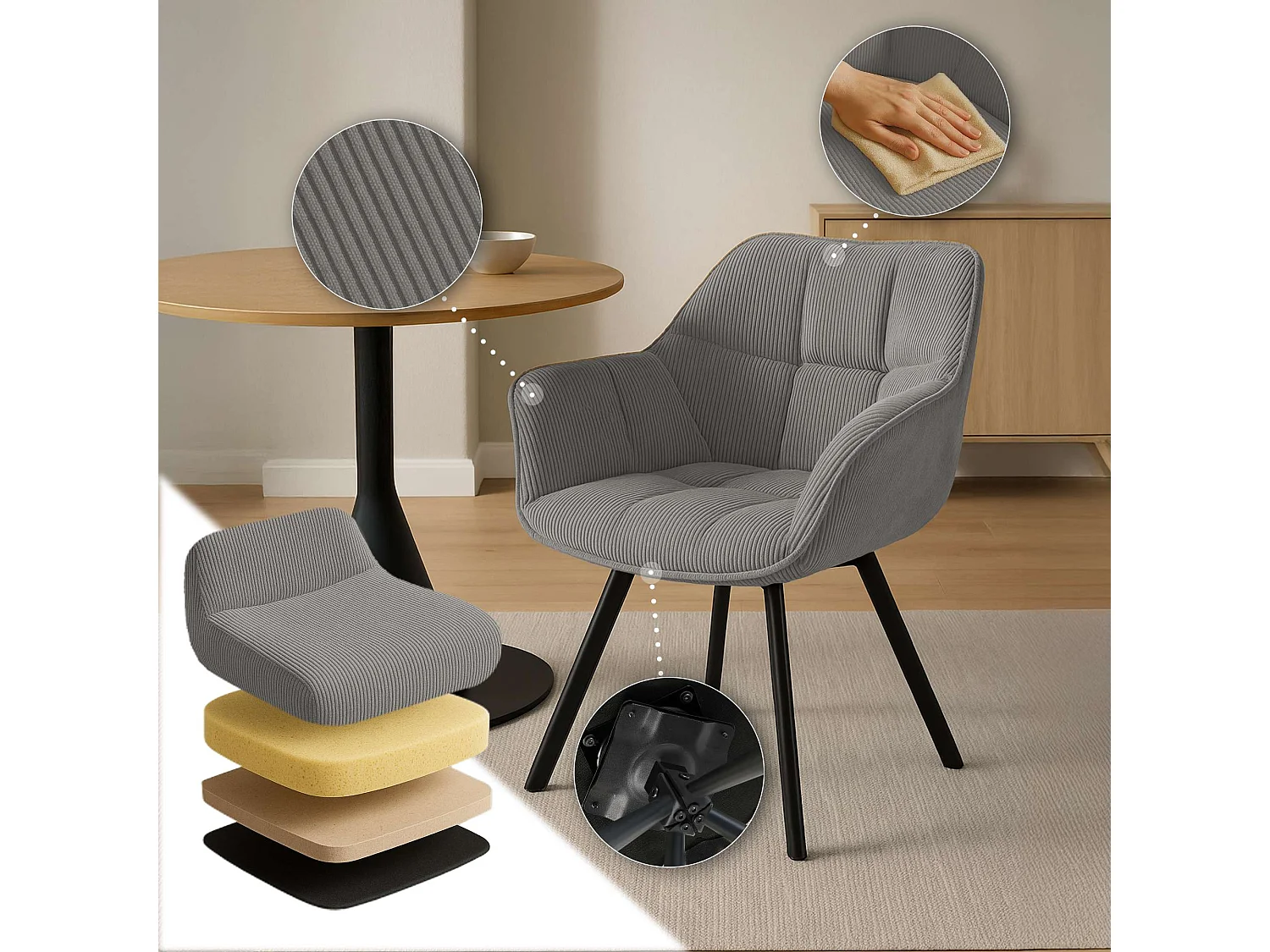 Lot de 2  chaises avec accoudoirs - Cordon - Gris - Jordi