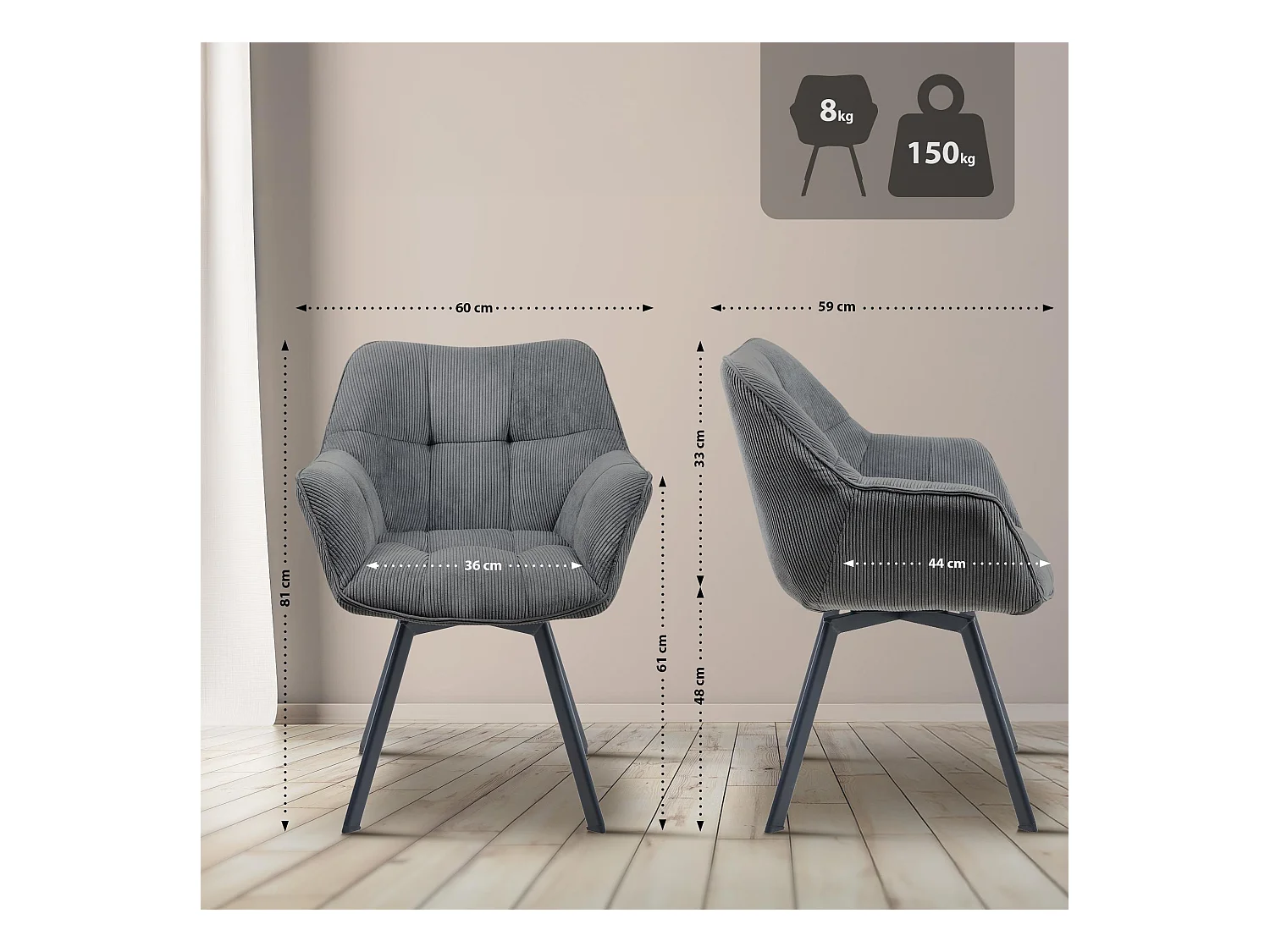 Lot de 2  chaises avec accoudoirs - Cordon - Gris foncé - Jordi