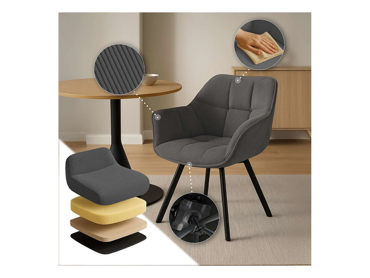 Lot de 2  chaises avec accoudoirs - Cordon - Gris foncé - Jordi