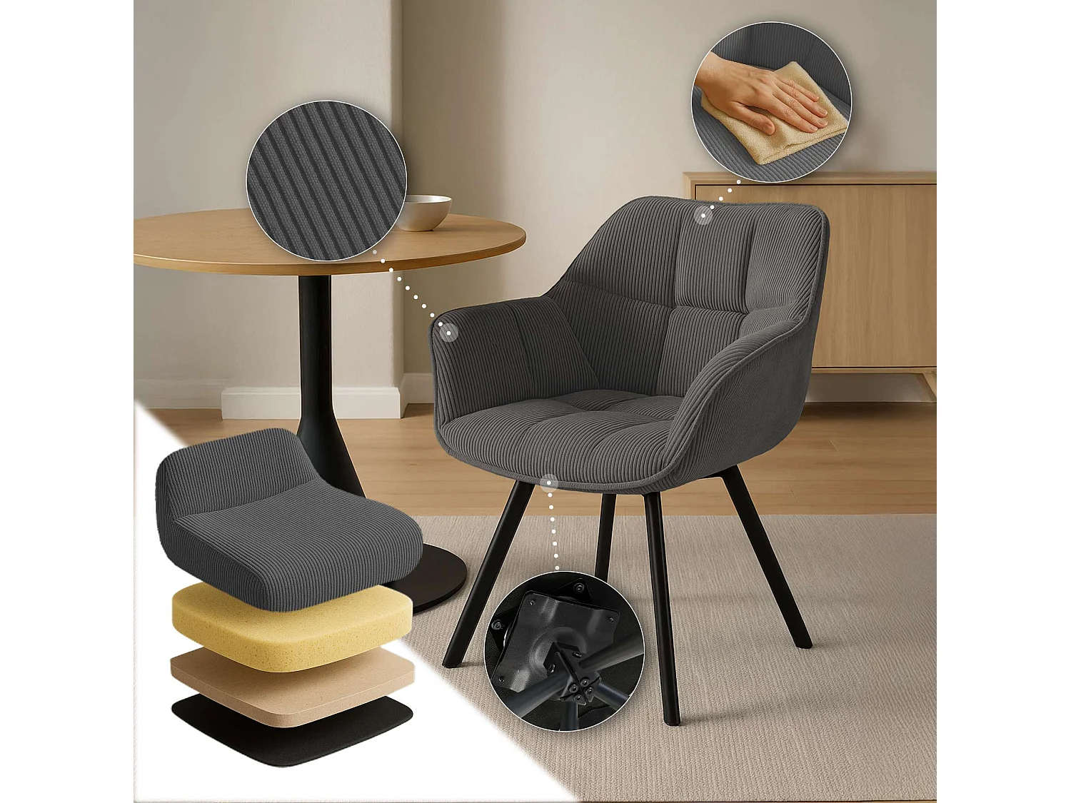 Lot de 2  chaises avec accoudoirs - Cordon - Gris foncé - Jordi