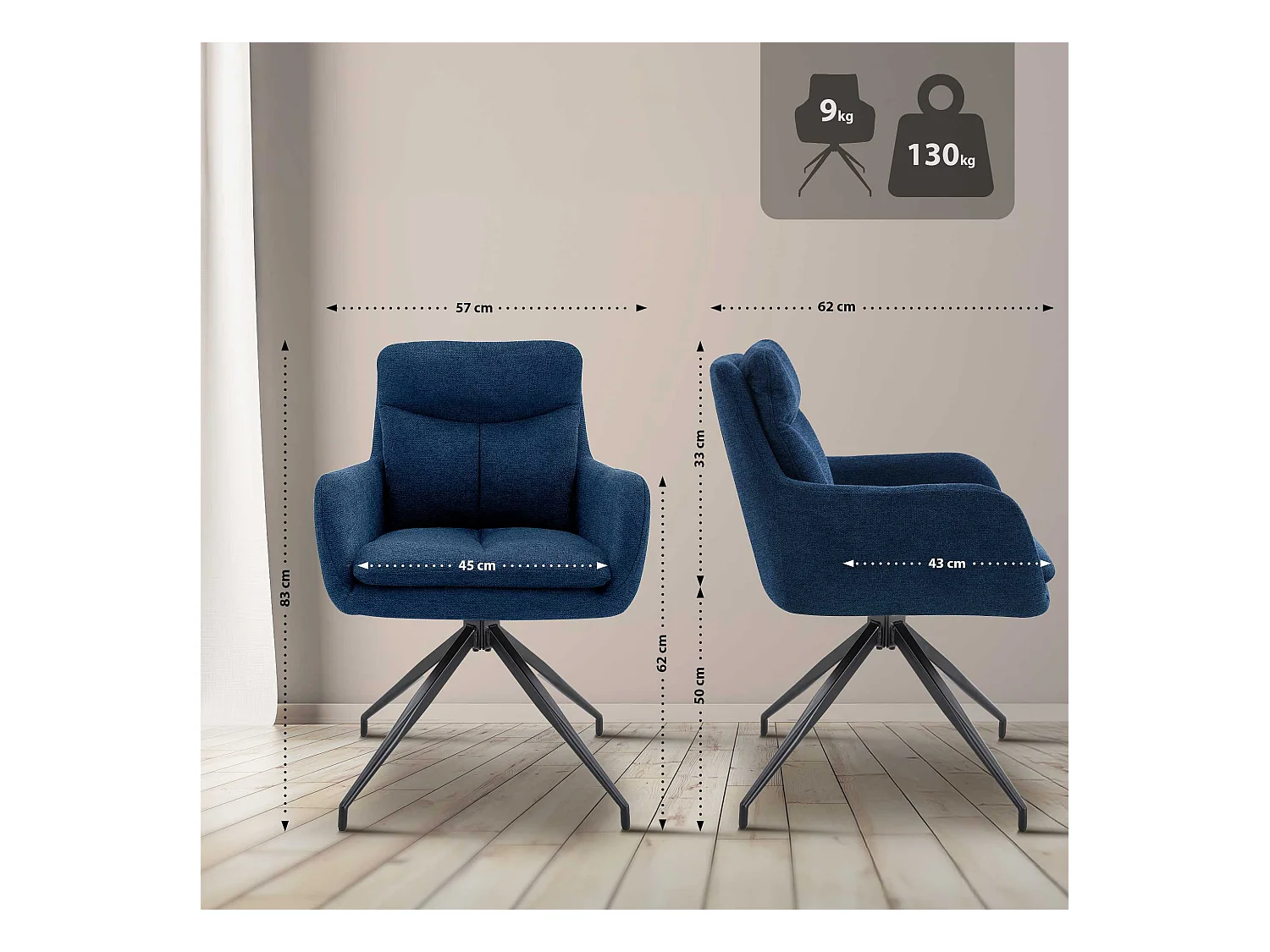 Lot de 2  chaise salle à manger - Tissu - Bleu - Somers