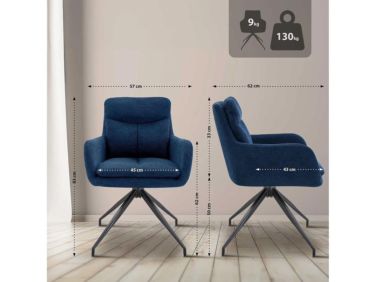 Lot de 2  chaise salle à manger - Tissu - Bleu - Somers