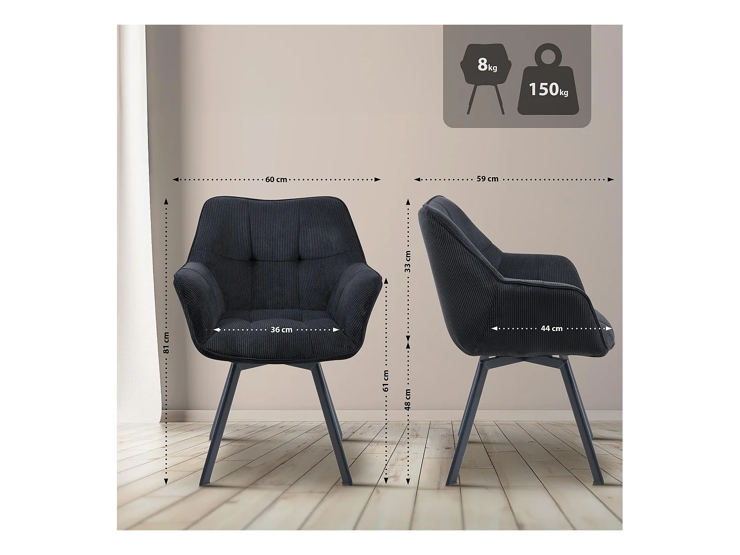 Lot de 2  chaises avec accoudoirs - Cordon - Noir - Jordi