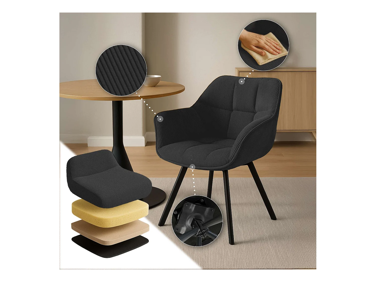 Lot de 2  chaises avec accoudoirs - Cordon - Noir - Jordi
