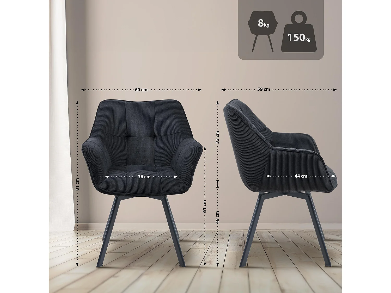 Lot de 2  chaises avec accoudoirs - Cordon - Noir - Jordi