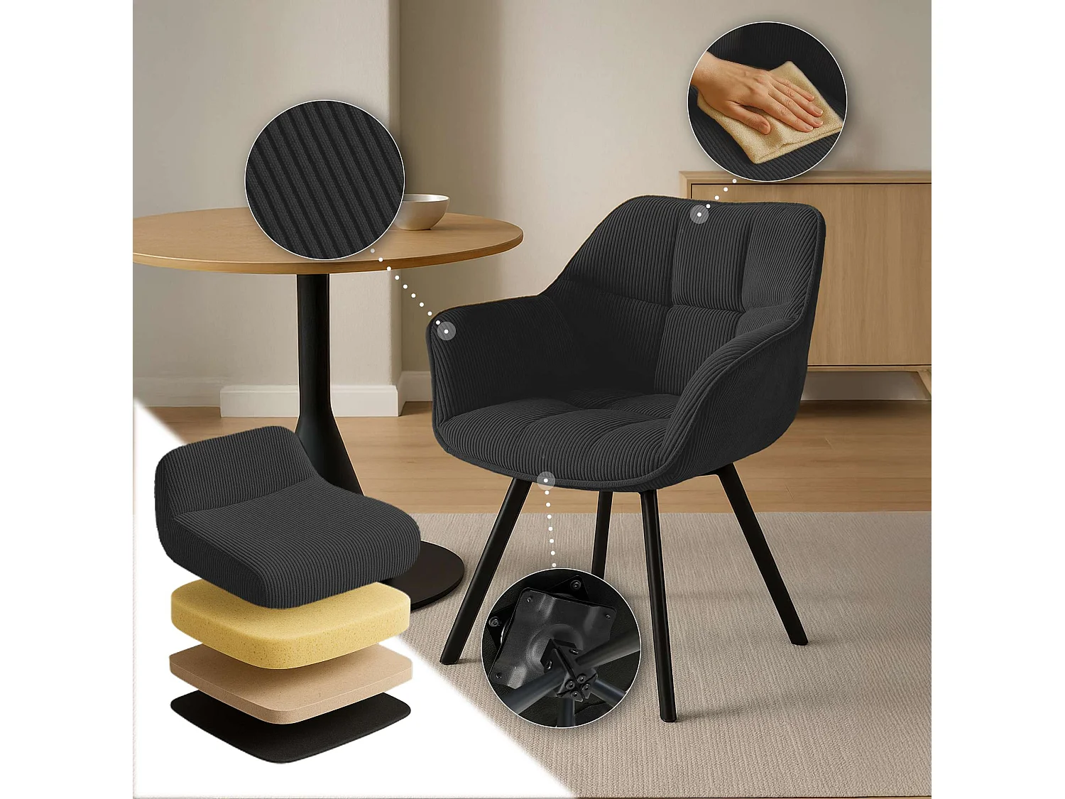 Lot de 2  chaises avec accoudoirs - Cordon - Noir - Jordi