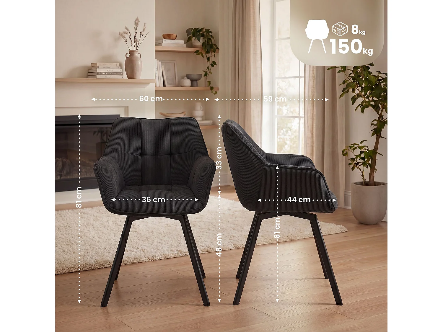 Lot de 2  chaises avec accoudoirs - Cordon - Noir - Jordi
